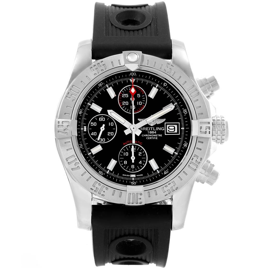 The image shows a frontal view of a Breitling Avenger A13381 Men's Stainless Steel Black Dial A13381 Men's Stainless Steel Black Dial model watch, highlighting its bezel, dial, and chronograph subdials.