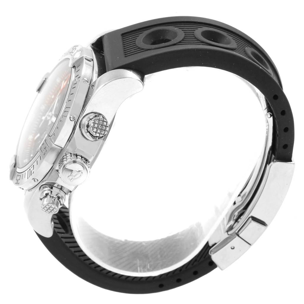 The image shows a side view of the Breitling Avenger A13381 Men's Stainless Steel Black Dial A13381 Men's Stainless Steel Black Dial watch, highlighting the crown, pushers, and rubber strap.