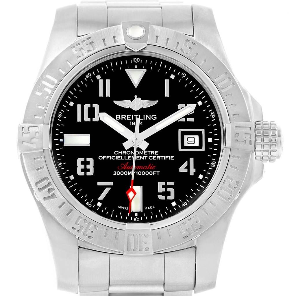 This image shows a front view of a Breitling Avenger A17331 Men's Stainless Steel Black Dial A17331 Men's Stainless Steel Black Dial model watch, highlighting its face, bezel, and bracelet.