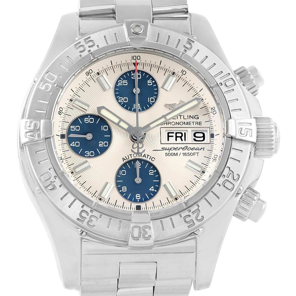 This image shows a front view of a Breitling Superocean A13340 Men's Stainless Steel Beige Dial A13340 Men's Stainless Steel Beige Dial watch, highlighting the dial, bezel, sub-dials, and bracelet.