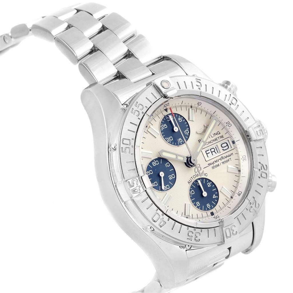 The Breitling Superocean A13340 Men's Stainless Steel Beige Dial A13340 Men's Stainless Steel Beige Dial watch is shown at an angle that highlights the dial, bezel, crown, and part of the metal bracelet.