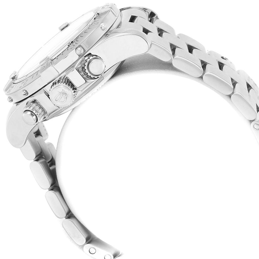 The image shows a Breitling Superocean A13340 Men's Stainless Steel Beige Dial A13340 Men's Stainless Steel Beige Dial watch viewed from the right-hand side, highlighting the crown and metal bracelet.