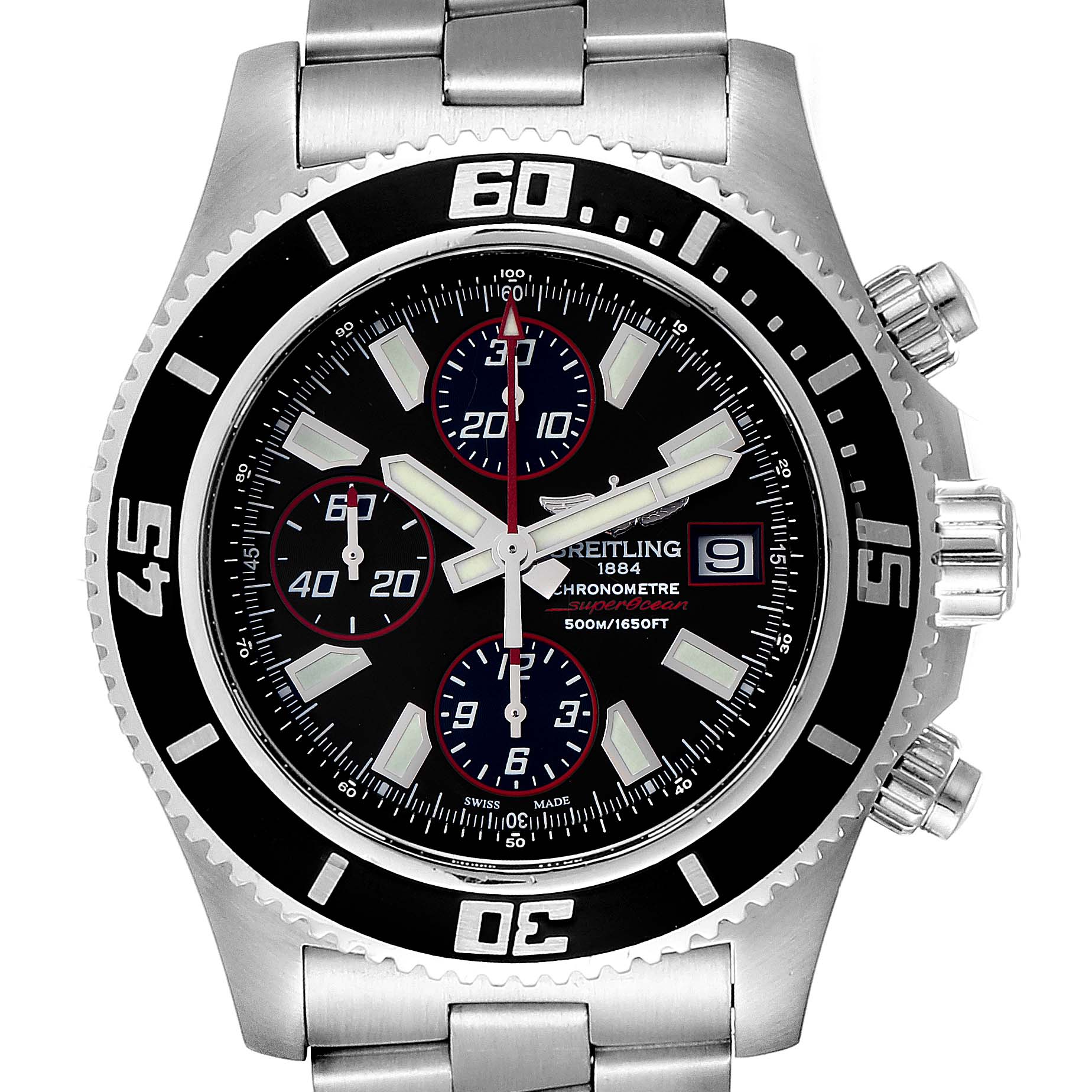 The image shows a front view of a Breitling Superocean A13341 Men's Stainless Steel Black Dial A13341 Men's Stainless Steel Black Dial watch with its stainless steel case, bezel, and bracelet.
