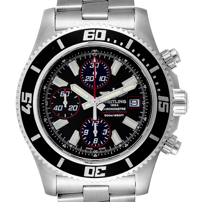 The image shows a front view of a Breitling Superocean watch with its stainless steel case, bezel, and bracelet.