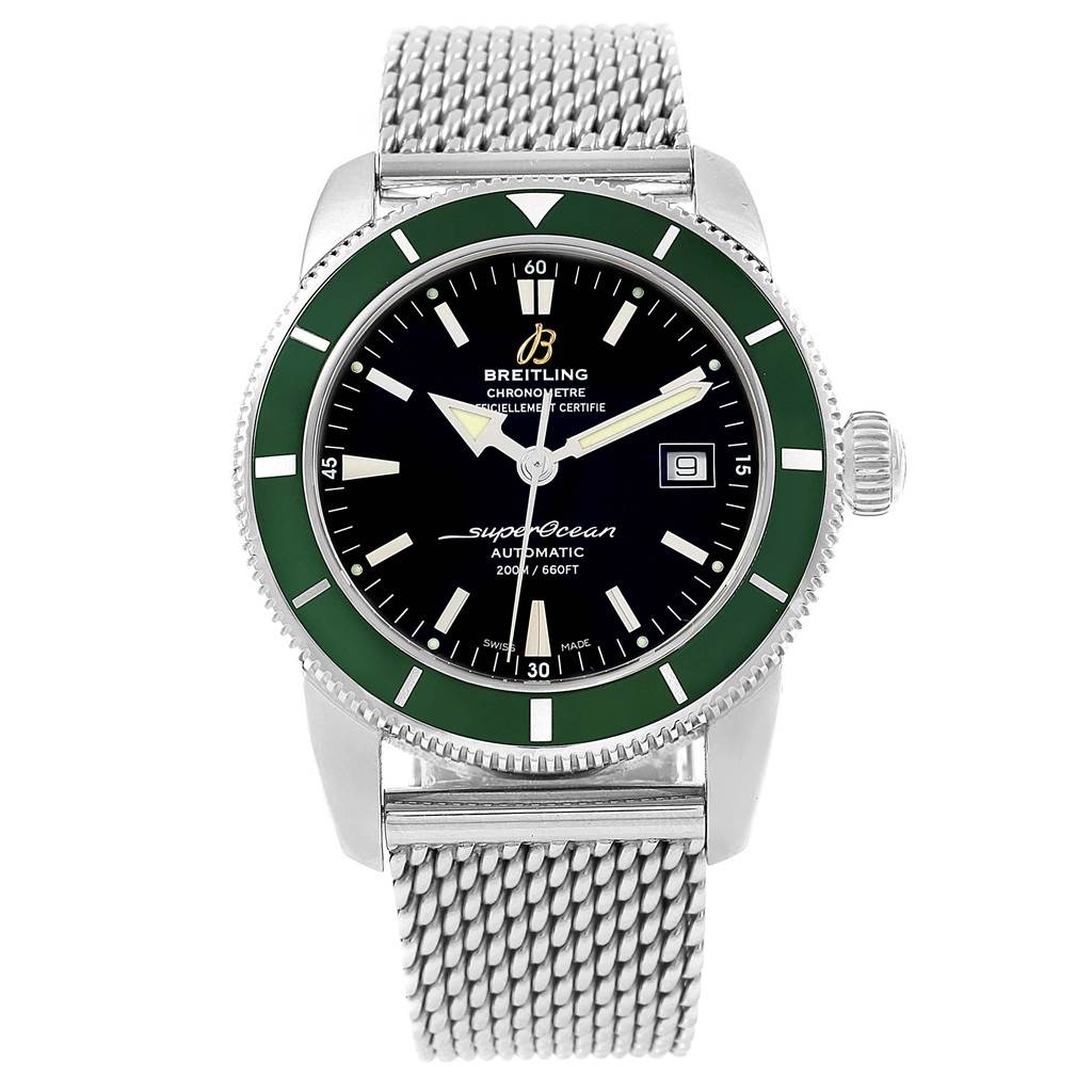 The image shows a front view of the Breitling Superocean A17321 Men
s Stainless Steel Black Dial A17321 Men
s Stainless Steel Black Dial watch, emphasizing its face, bezel, and mesh bracelet.