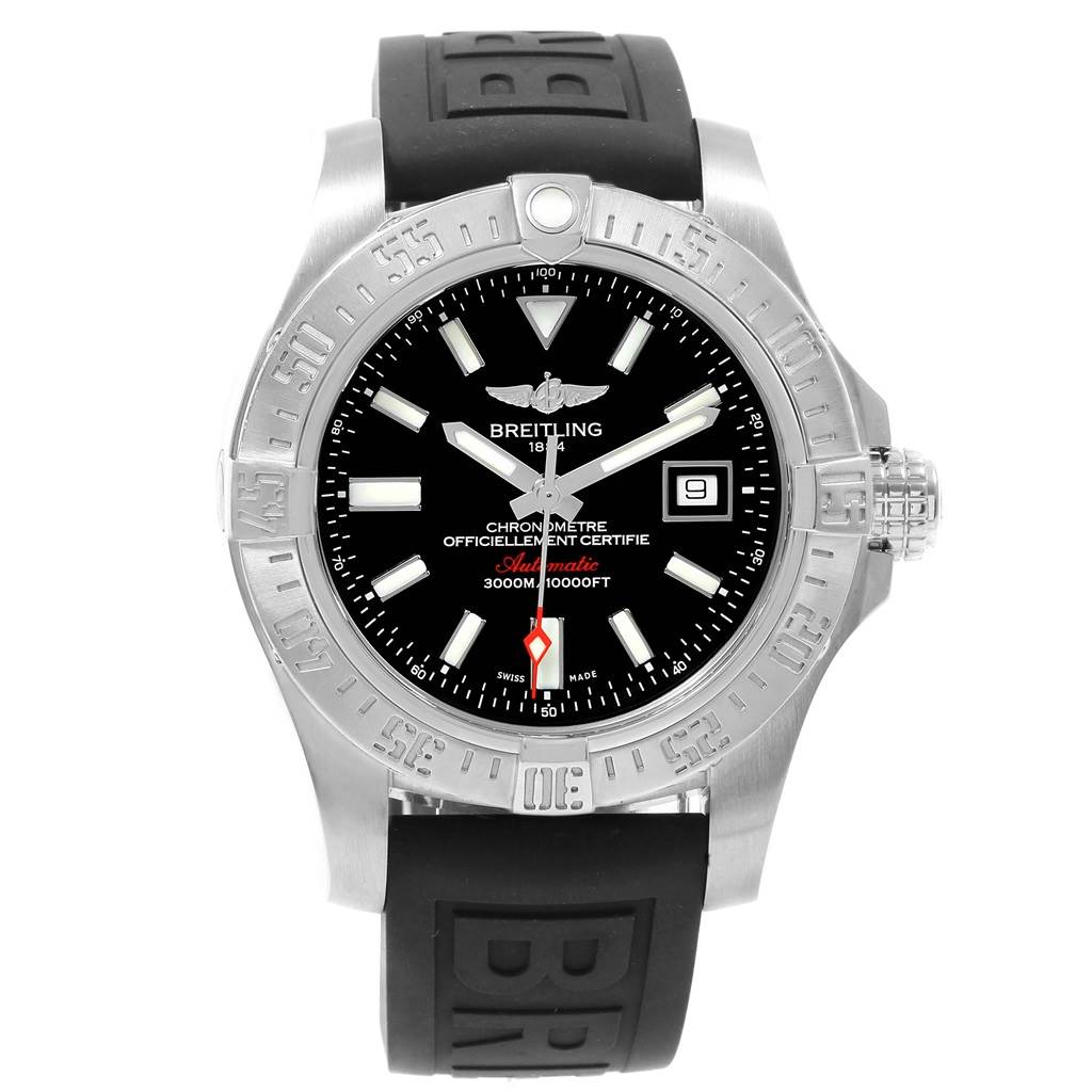 The image shows a front view of the Breitling Avenger A17331 Men's Stainless Steel Black Dial A17331 Men's Stainless Steel Black Dial watch, featuring its black dial, silver case, and black rubber strap.