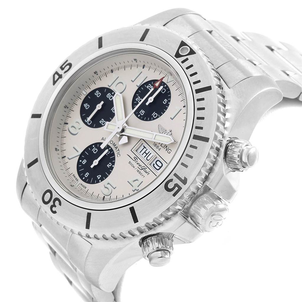 The image displays a Breitling Superocean A13341 Men's Stainless Steel White Dial A13341 Men's Stainless Steel White Dial watch angled to show the face, bezel, and crown with chronograph sub-dials.