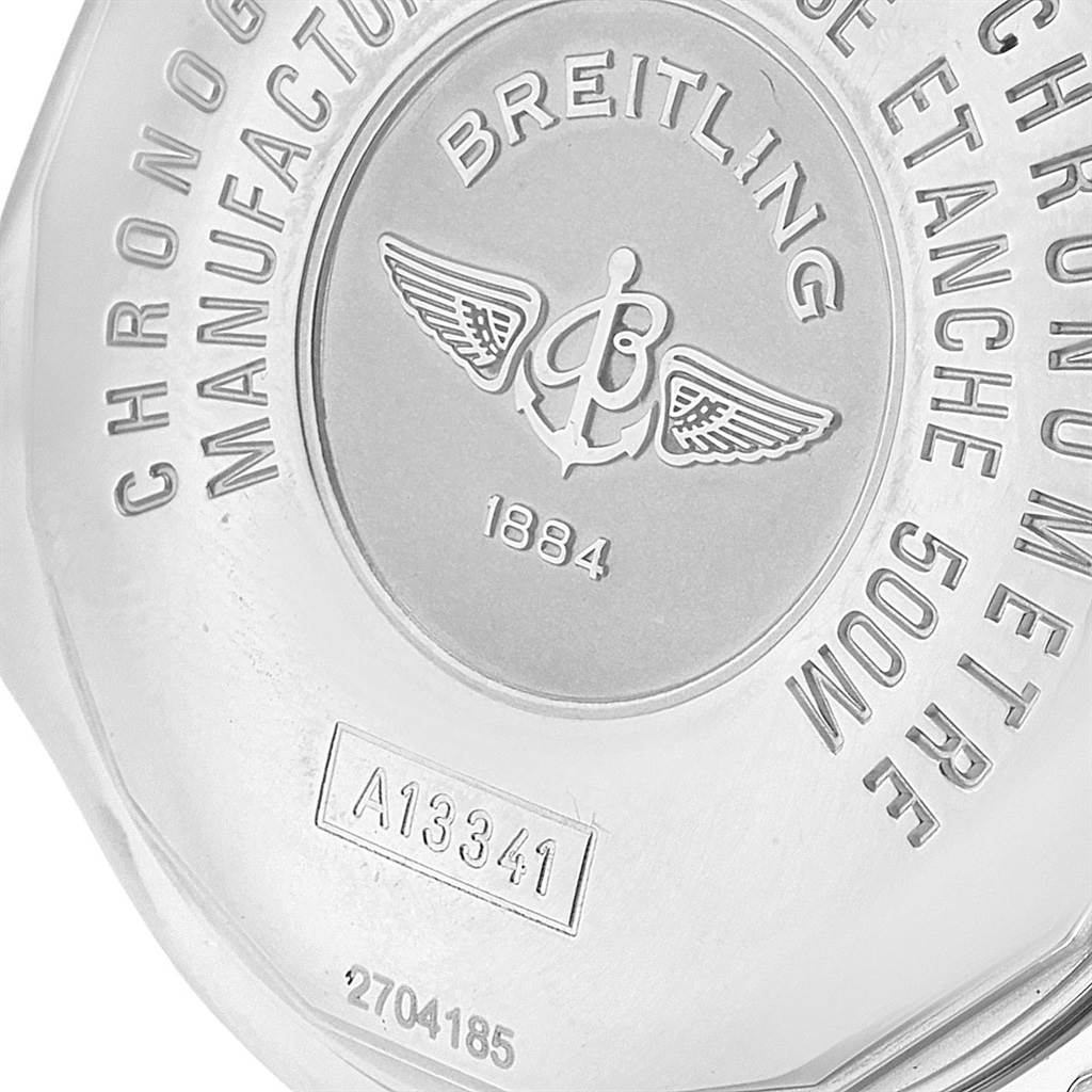 This image shows the back case of the Breitling Superocean A13341 Men's Stainless Steel White Dial A13341 Men's Stainless Steel White Dial watch, featuring its branding and model number.