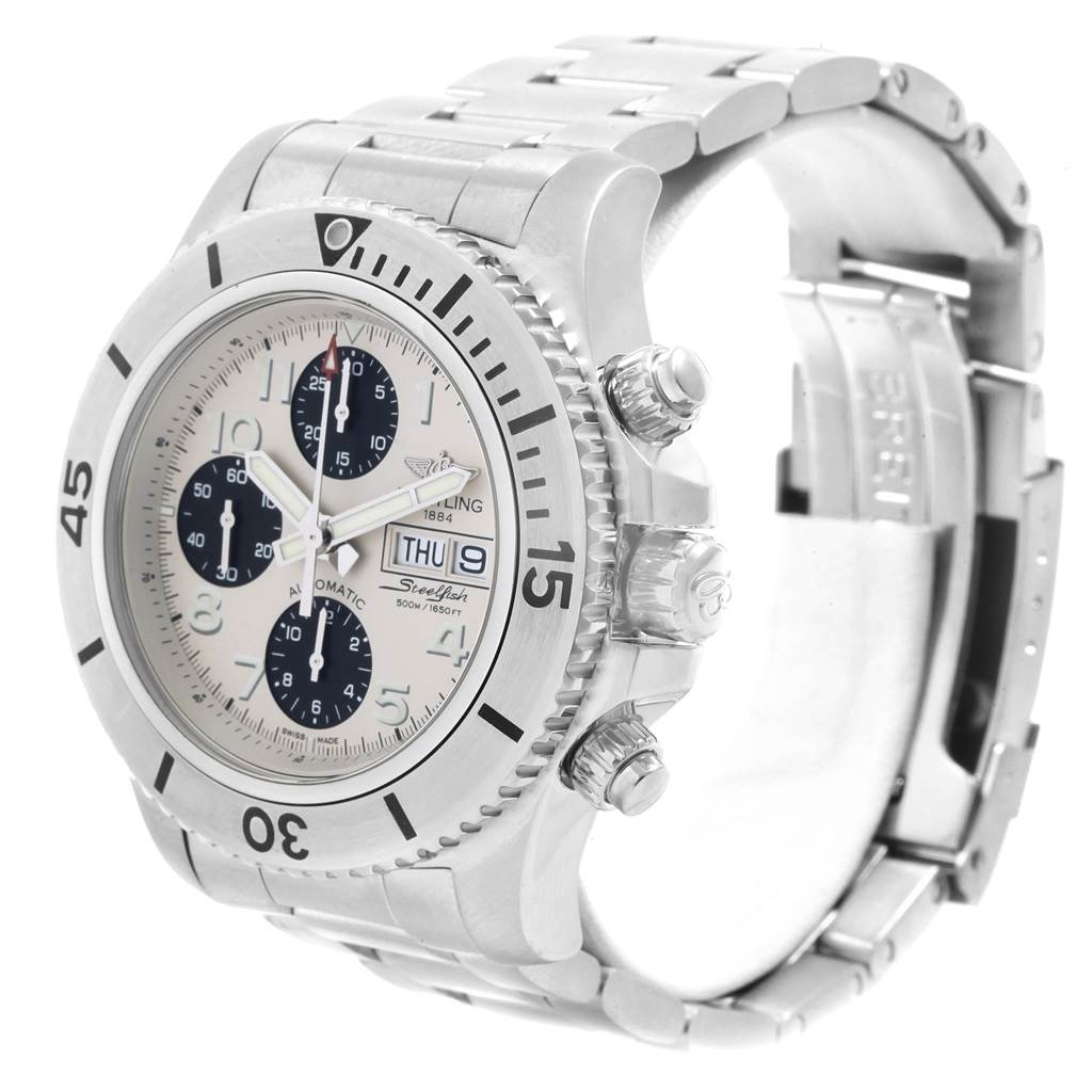 The image displays a side-angle view of the Breitling Superocean A13341 Men's Stainless Steel White Dial A13341 Men's Stainless Steel White Dial watch, showing the face, bezel, crown, and metal bracelet.