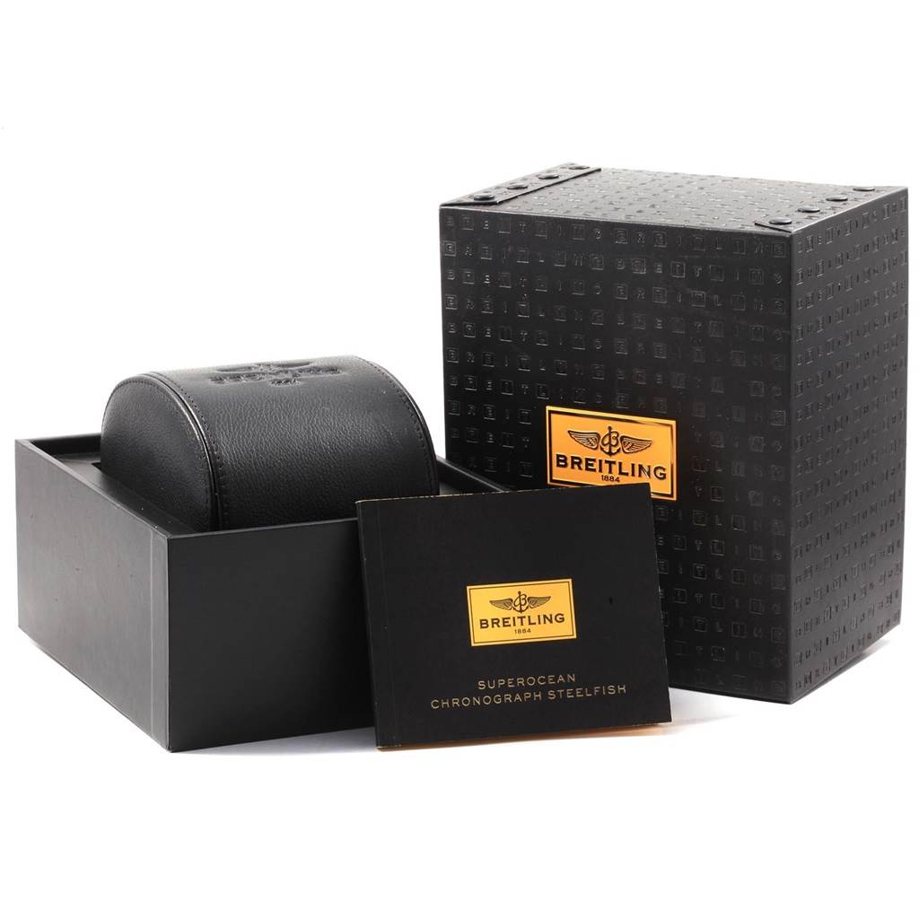 The image shows the packaging, a watch case, and a manual for the Breitling Superocean A13341 Men's Stainless Steel White Dial A13341 Men's Stainless Steel White Dial model.