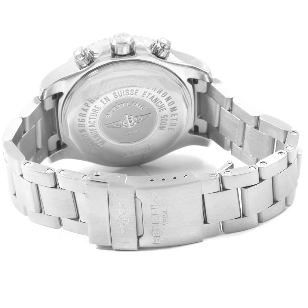This image shows the back case and stainless steel bracelet of a Breitling Superocean A13341 Men's Stainless Steel White Dial A13341 Men's Stainless Steel White Dial watch.