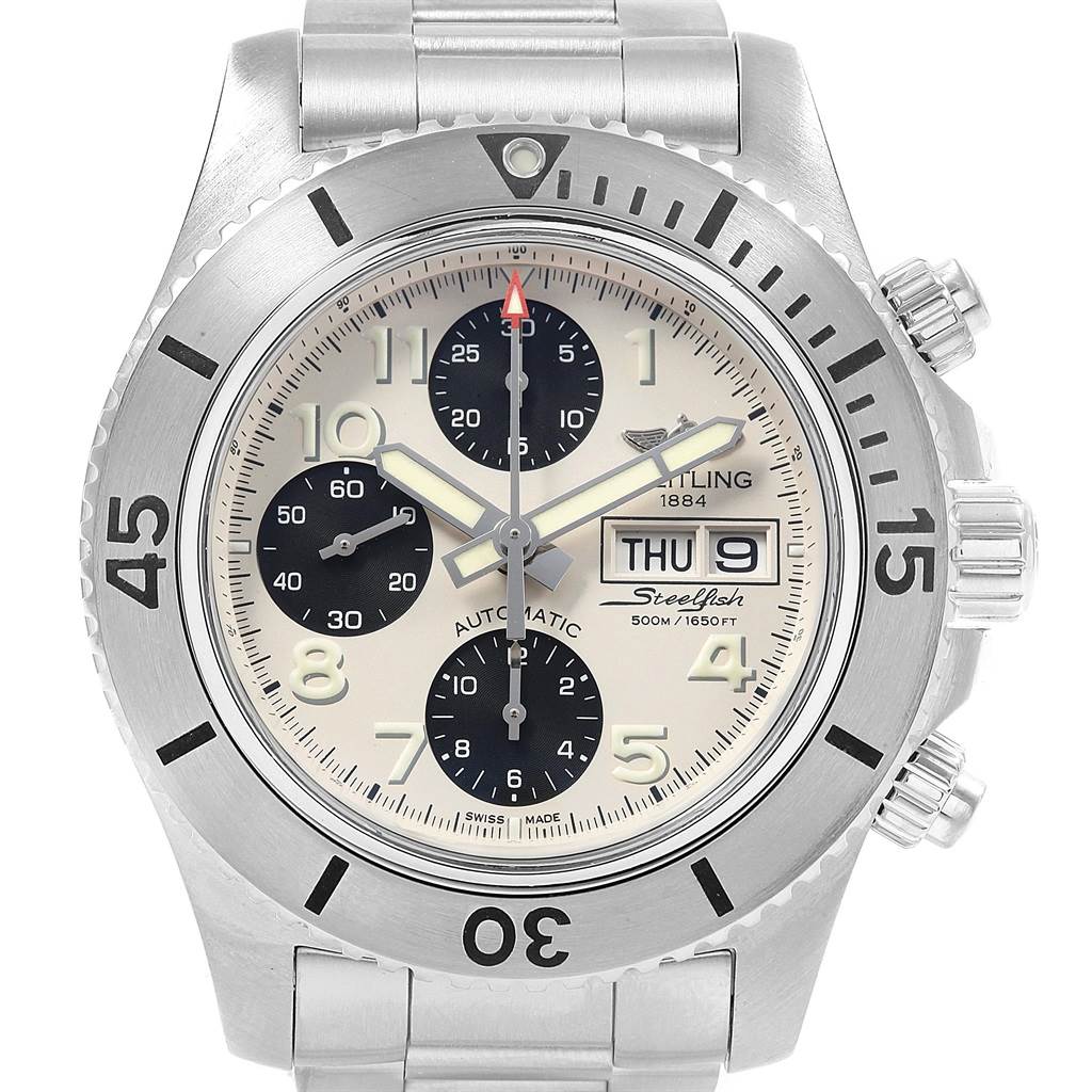 This image shows a front view of the Breitling Superocean A13341 Men's Stainless Steel White Dial A13341 Men's Stainless Steel White Dial model watch, highlighting its face, bezel, and metal band.