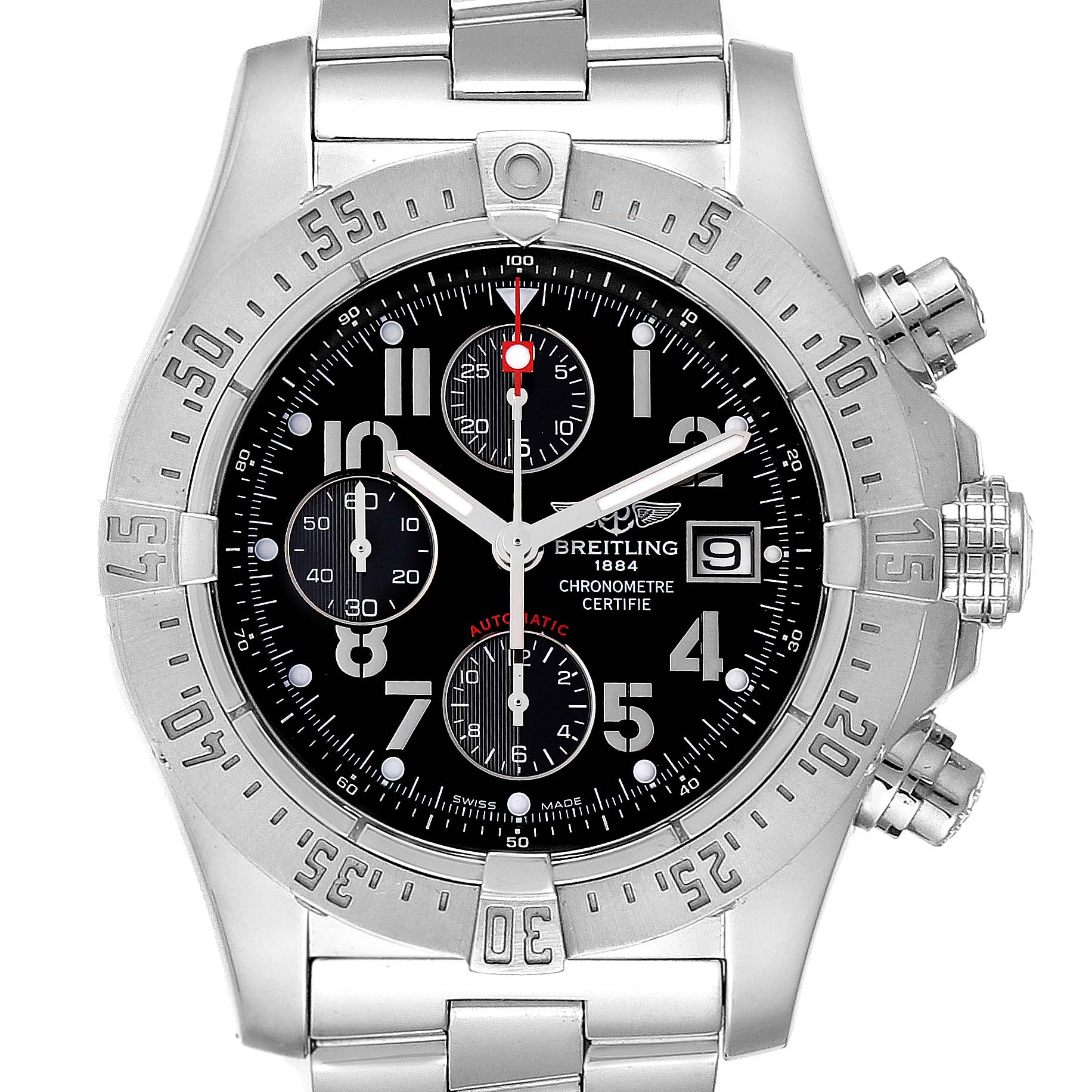 The image shows a front view of the Breitling Avenger A13380 Men's Stainless Steel Black Dial A13380 Men's Stainless Steel Black Dial watch, highlighting its dial, bezel, and metal bracelet.