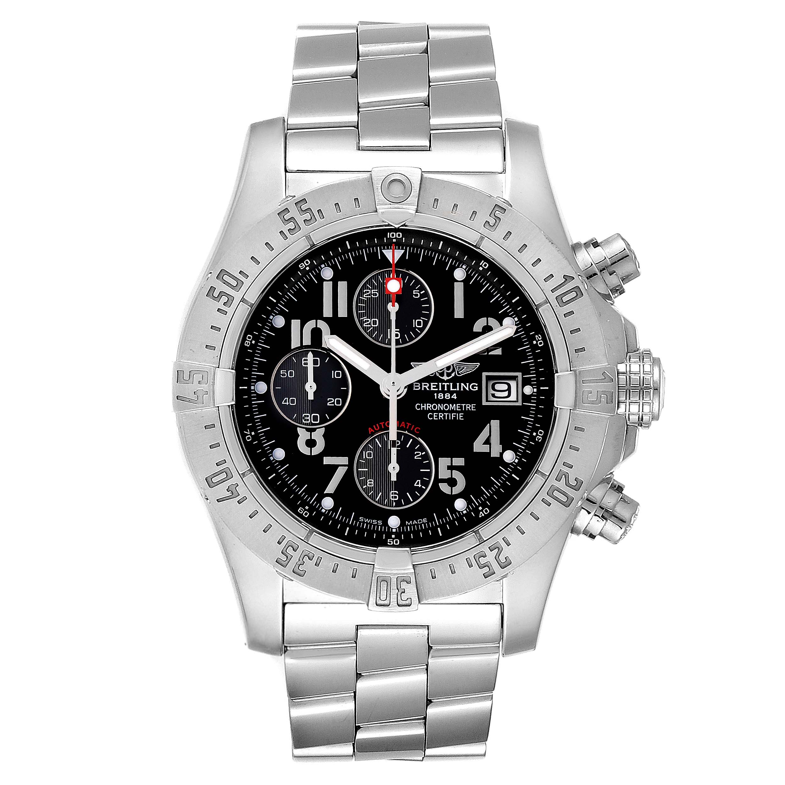 The image shows a front view of the Breitling Avenger A13380 Men's Stainless Steel Black Dial A13380 Men's Stainless Steel Black Dial watch, featuring its bezel, dial, chronograph subdials, and bracelet.
