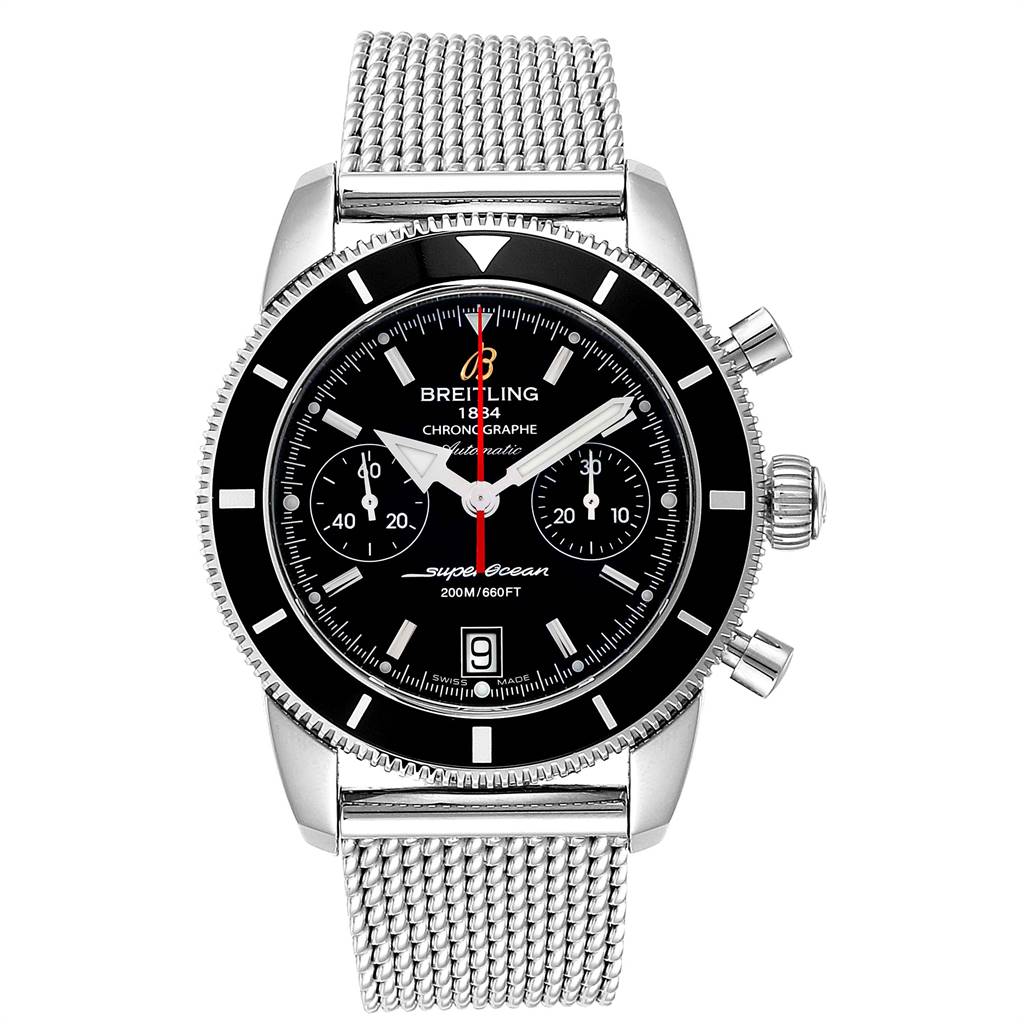 The Breitling Superocean A23370 Men's Stainless Steel Black Dial A23370 Men's Stainless Steel Black Dial watch is shown from a top-down angle, displaying the face, bezel, crown, and metal mesh strap.