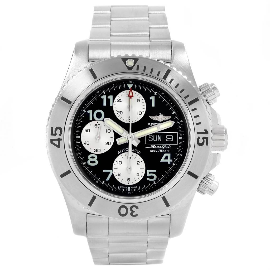 The image shows a front view of the Breitling Superocean A13341 Men's Stainless Steel Black Dial A13341 Men's Stainless Steel Black Dial watch, displaying its face, bezel, and metal bracelet.