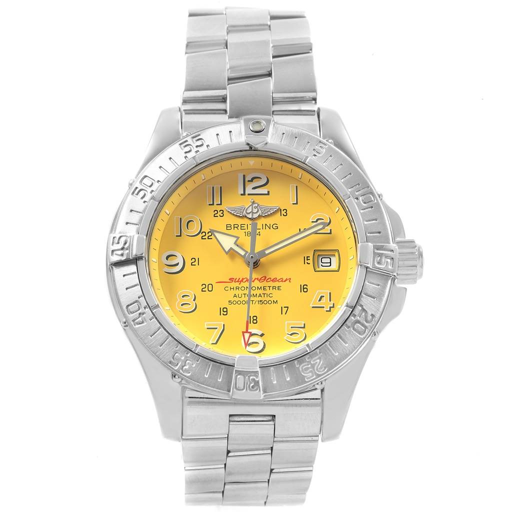 The Breitling Superocean A17360 Men
s Stainless Steel Yellow Dial A17360 Men
s Stainless Steel Yellow Dial watch is shown from a front view, highlighting its yellow dial, bezel, and metal bracelet.