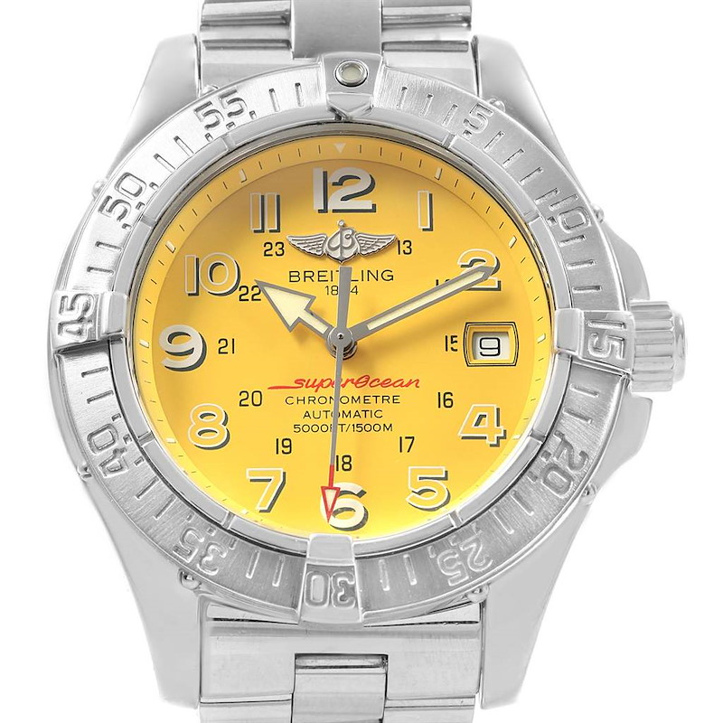 Breitling Superocean Steelfish Yellow Dial Mens Watch A17360 Box Papers SwissWatchExpo