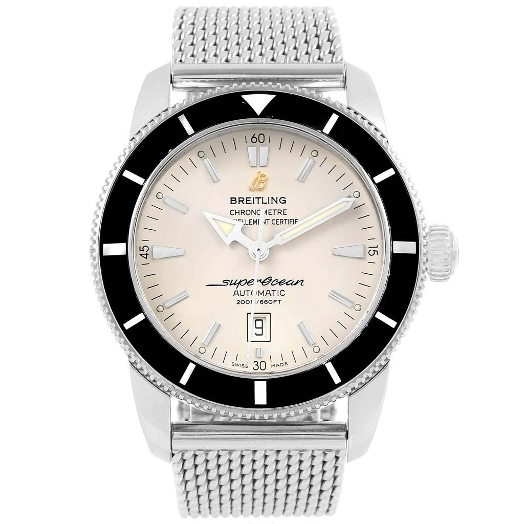 The image shows a front view of the Breitling Superocean A17320 Men
s Stainless Steel Silver Dial A17320 Men
s Stainless Steel Silver Dial watch, highlighting the dial, bezel, hands, and mesh bracelet.