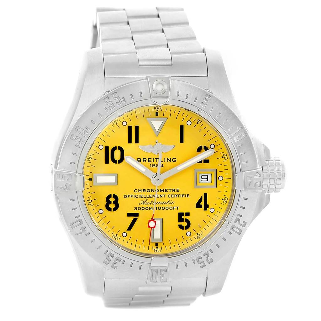 The image shows a front view of a Breitling Avenger A17330 Men's Stainless Steel Yellow Dial A17330 Men's Stainless Steel Yellow Dial watch with a yellow dial and stainless steel bracelet.