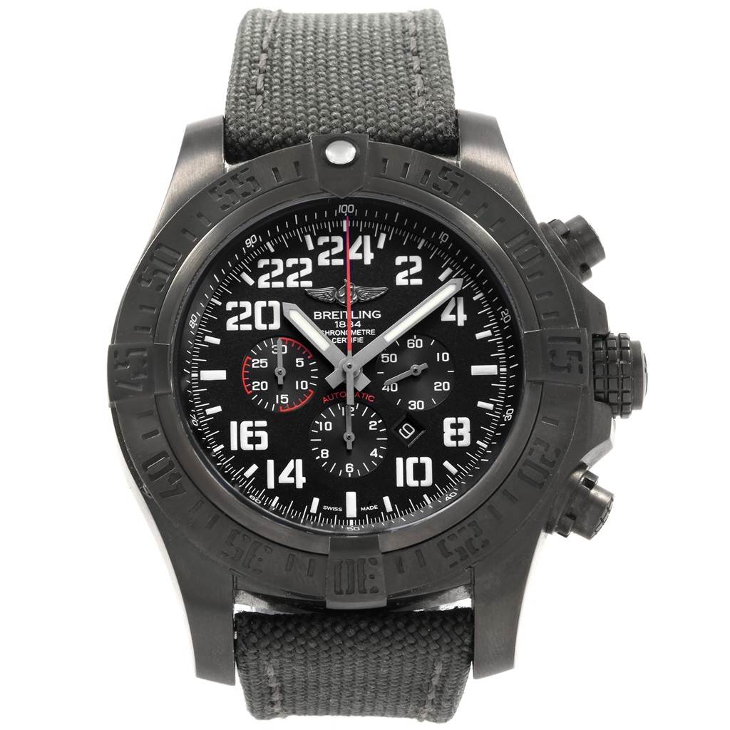 The image shows a front view of a Breitling Avenger M22330 Men's Stainless Steel Black Dial M22330 Men's Stainless Steel Black Dial watch, displaying its dial, bezel, strap, and crown.