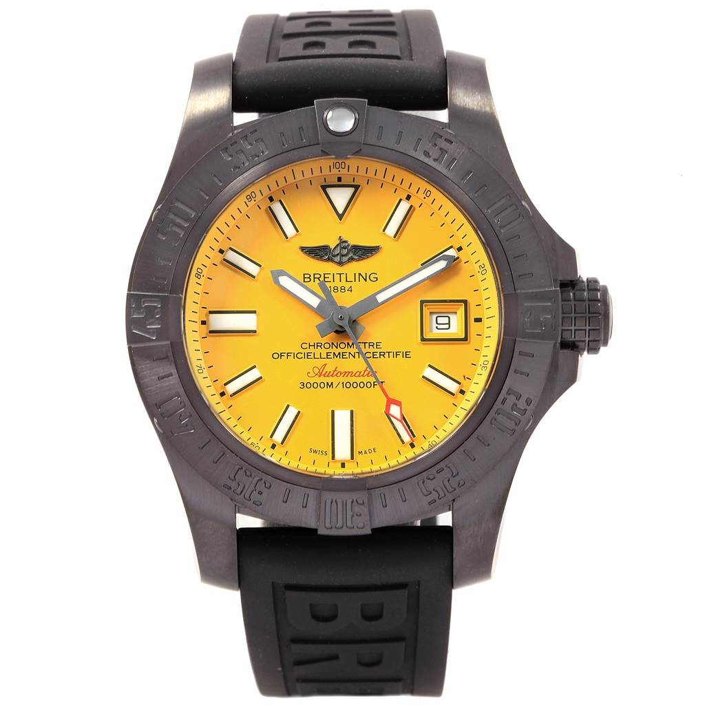 The Breitling Avenger M17331 Men's Stainless Steel Yellow Dial M17331 Men's Stainless Steel Yellow Dial watch is shown from a front angle, displaying its yellow dial, black bezel, and black rubber strap.