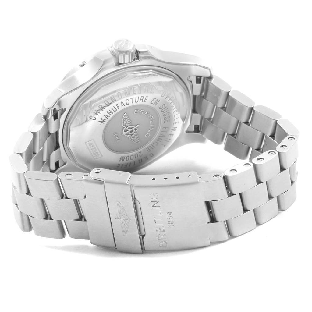 The image shows the back case and bracelet clasp of the Breitling Superocean A17390 Men's Stainless Steel Silver Dial A17390 Men's Stainless Steel Silver Dial watch from a rear angle.