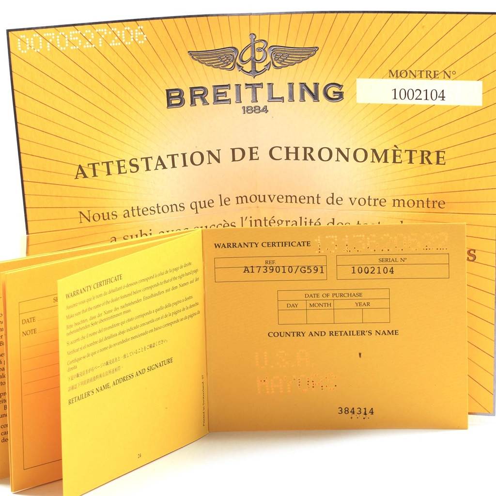 The image shows the warranty certificate and chronometer attestation for the Breitling Superocean A17390 Men's Stainless Steel Silver Dial A17390 Men's Stainless Steel Silver Dial watch.