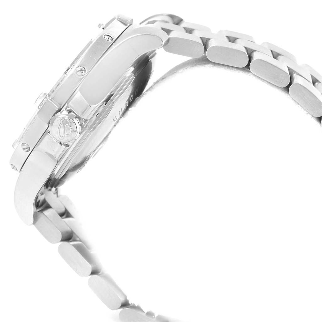 Side view of the Breitling Superocean A17390 Men's Stainless Steel Silver Dial A17390 Men's Stainless Steel Silver Dial watch showing the case, crown, and metal bracelet.