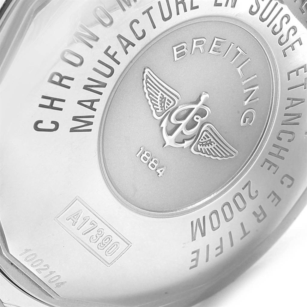 The image shows the back case of a Breitling Superocean A17390 Men's Stainless Steel Silver Dial A17390 Men's Stainless Steel Silver Dial watch, highlighting the engraved logo and model number A17390.