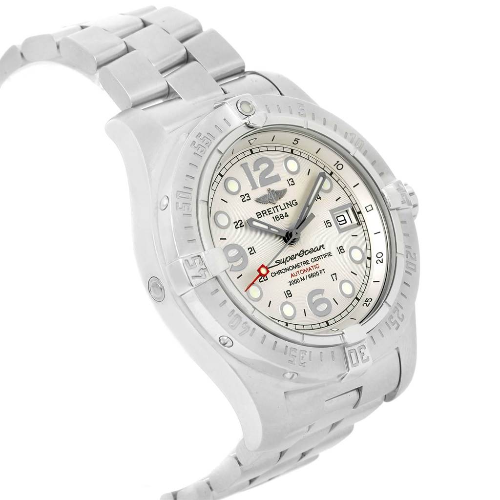 The image shows a Breitling Superocean A17390 Men's Stainless Steel Silver Dial A17390 Men's Stainless Steel Silver Dial watch angled to display the watch face, bezel, and part of the bracelet.