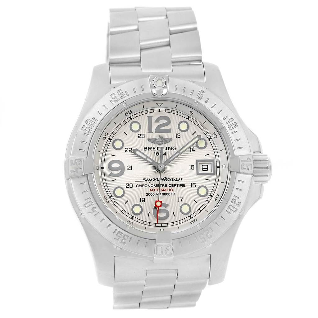 The image shows a front view of the Breitling Superocean A17390 Men's Stainless Steel Silver Dial A17390 Men's Stainless Steel Silver Dial watch displaying its face, bezel, and bracelet.