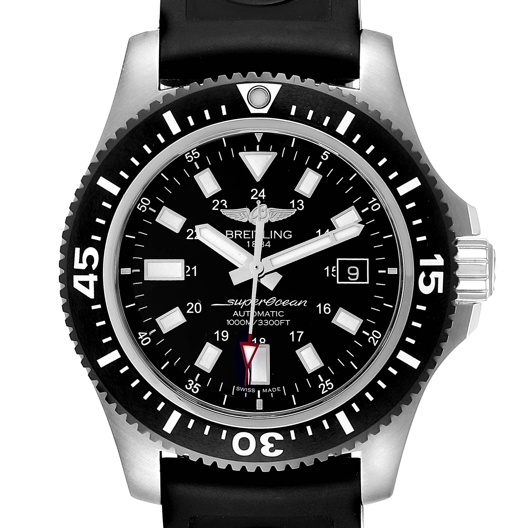 The image shows a front view of the Breitling Superocean Y17393 Men's Stainless Steel Black Dial Y17393 Men's Stainless Steel Black Dial watch, highlighting the dial, bezel, and part of the strap.
