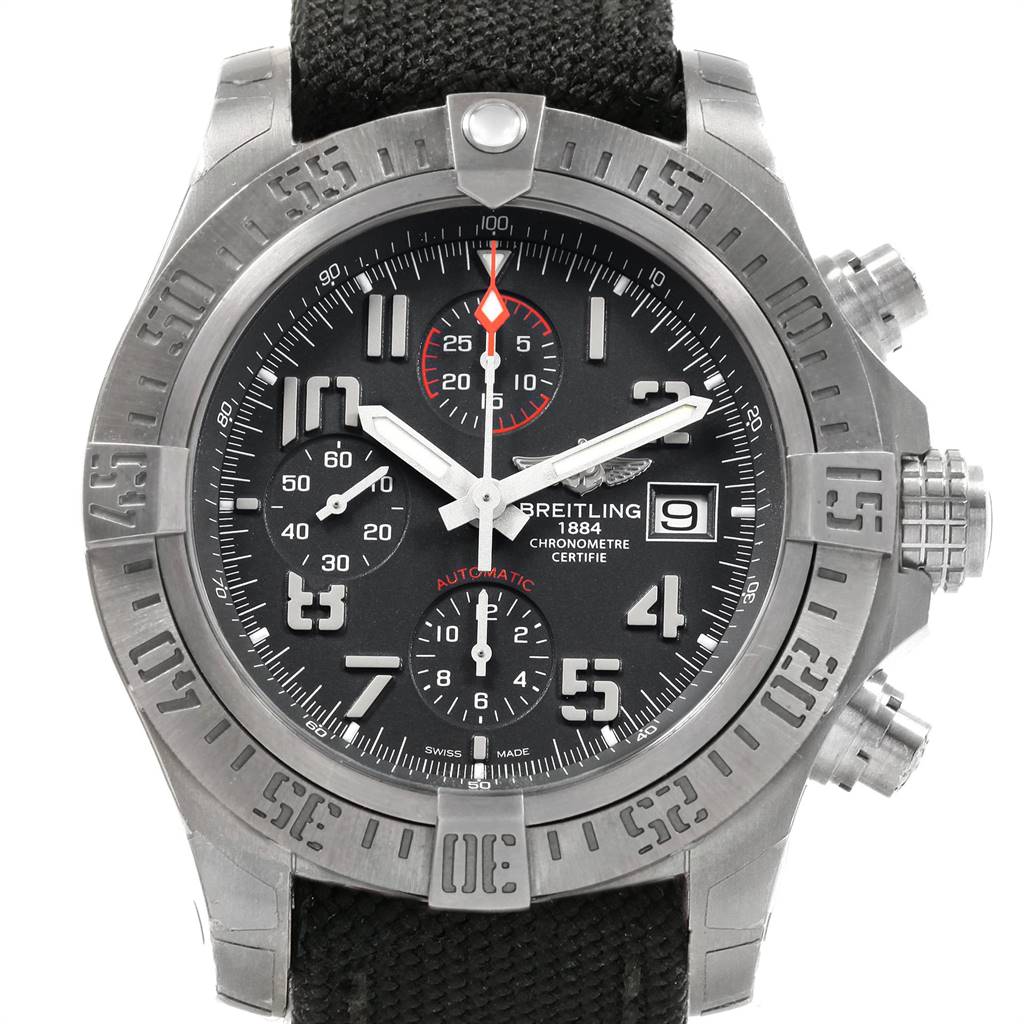 The image shows a front view of a Breitling Avenger E13383 Men's Titanium Grey Dial E13383 Men's Titanium Grey Dial watch, highlighting the black dial, chronograph subdials, and date window.