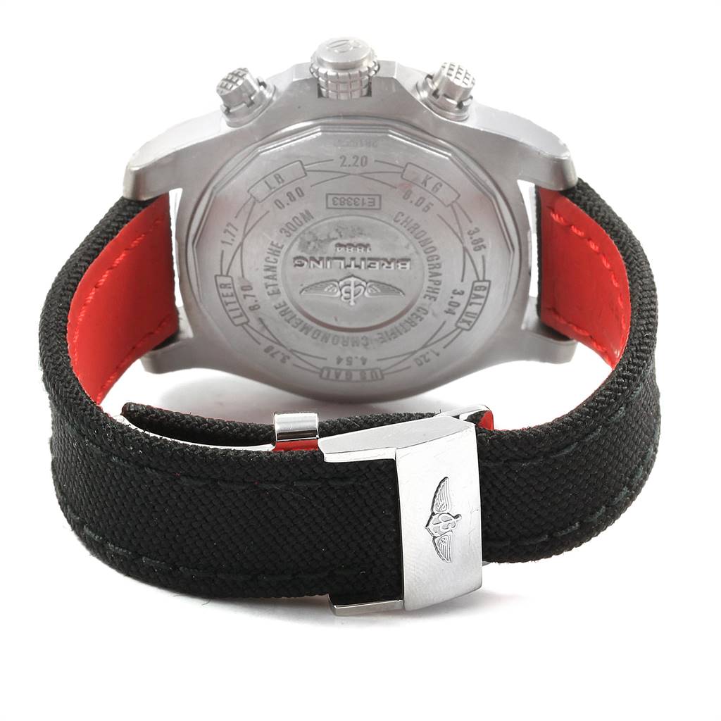 The image shows the back case and clasp of the Breitling Avenger E13383 Men's Titanium Grey Dial E13383 Men's Titanium Grey Dial watch, showcasing the engraved details and strap.