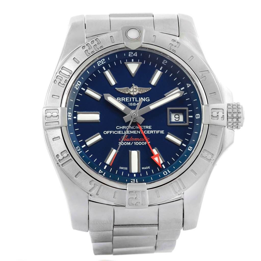 This image shows a front view of the Breitling Avenger A32390 Men's Stainless Steel Blue Dial A32390 Men's Stainless Steel Blue Dial watch, highlighting the dial, bezel, date display, and stainless steel bracelet.
