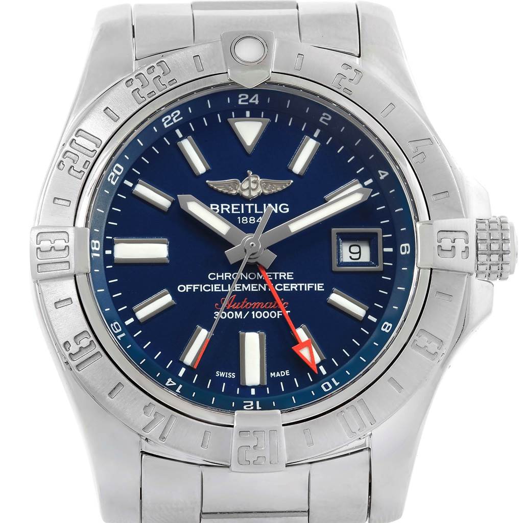The Breitling Avenger A32390 Men's Stainless Steel Blue Dial A32390 Men's Stainless Steel Blue Dial watch is shown from a front angle, highlighting the blue dial, date window, hands, markers, and stainless steel case.