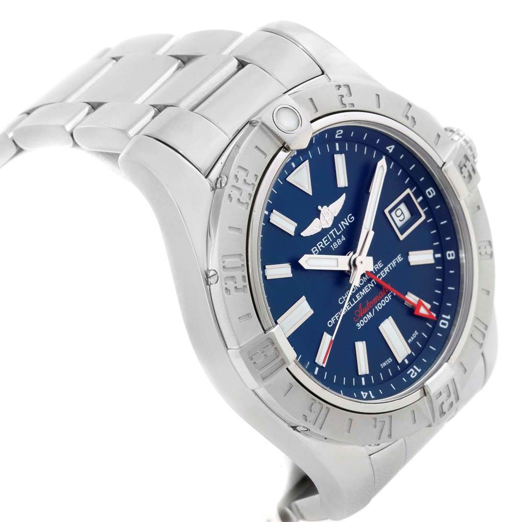 The image shows a Breitling Avenger A32390 Men's Stainless Steel Blue Dial A32390 Men's Stainless Steel Blue Dial watch at an angle highlighting the dial, bezel, crown, and part of the metal bracelet.