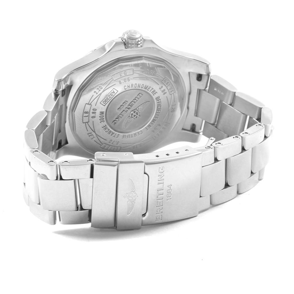 The image shows the back case and bracelet clasp of a Breitling Avenger A32390 Men's Stainless Steel Blue Dial A32390 Men's Stainless Steel Blue Dial watch at a rear angle.