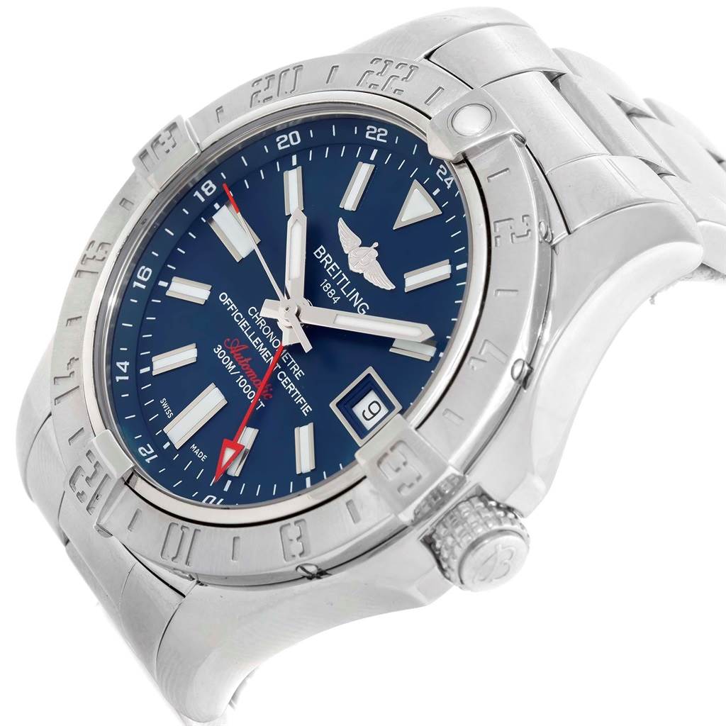 The image shows a Breitling Avenger A32390 Men's Stainless Steel Blue Dial A32390 Men's Stainless Steel Blue Dial watch at a slight angle, displaying its face, bezel, case, bracelet, and crown.