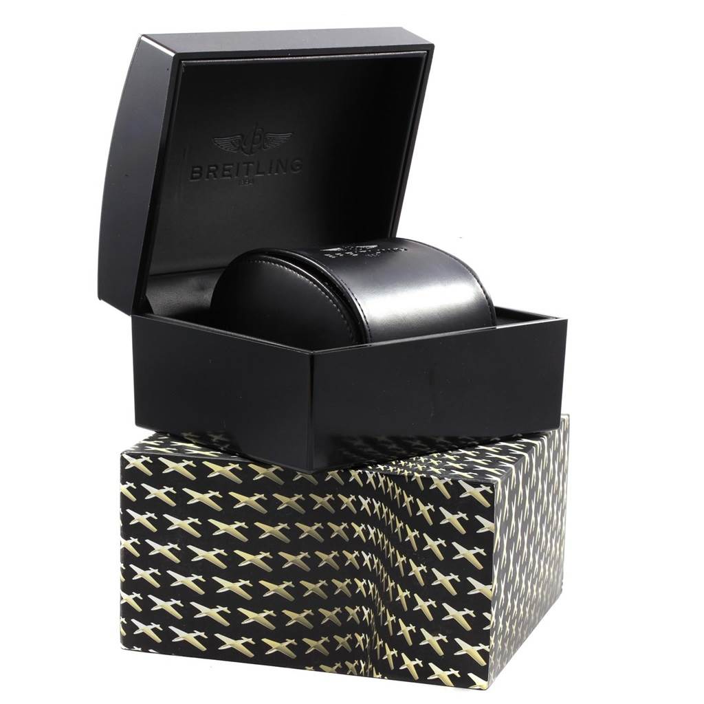 The image shows the open black box and black leather case for the Breitling Avenger A32390 Men's Stainless Steel Blue Dial A32390 Men's Stainless Steel Blue Dial watch, with the Breitling logo visible inside the box.