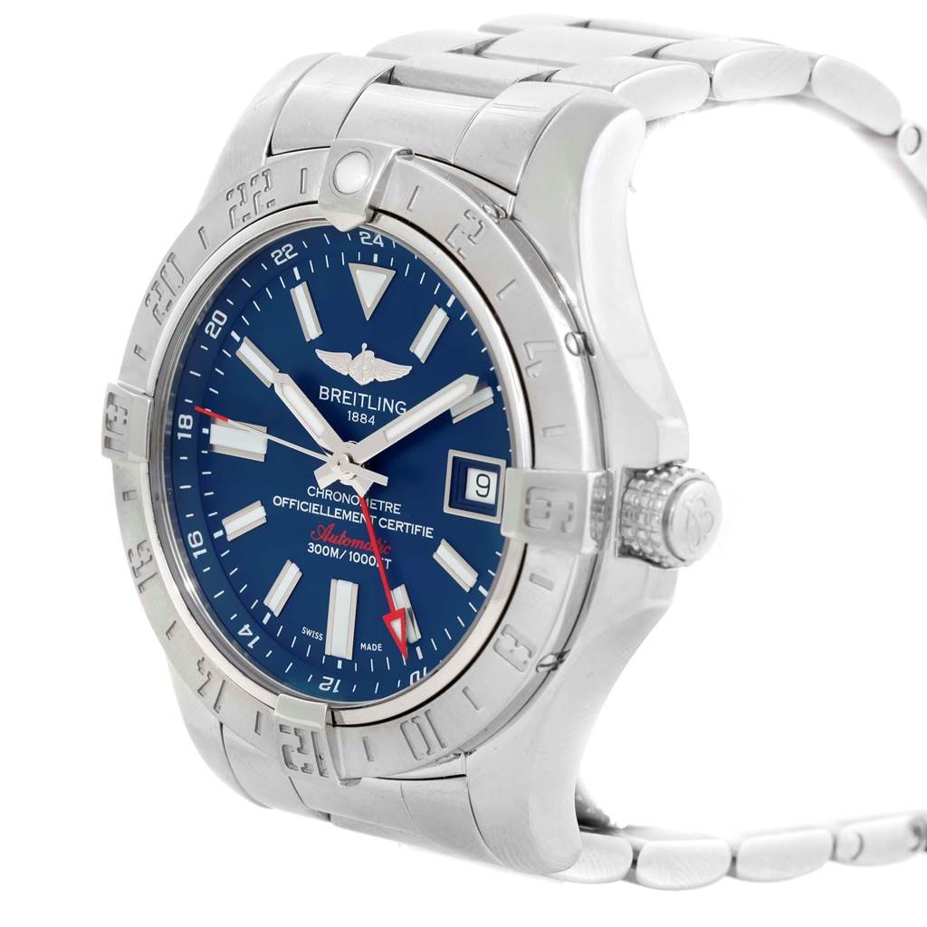 The image shows a Breitling Avenger A32390 Men's Stainless Steel Blue Dial A32390 Men's Stainless Steel Blue Dial watch at a 45-degree angle, highlighting its blue dial, bezel, and stainless steel bracelet.