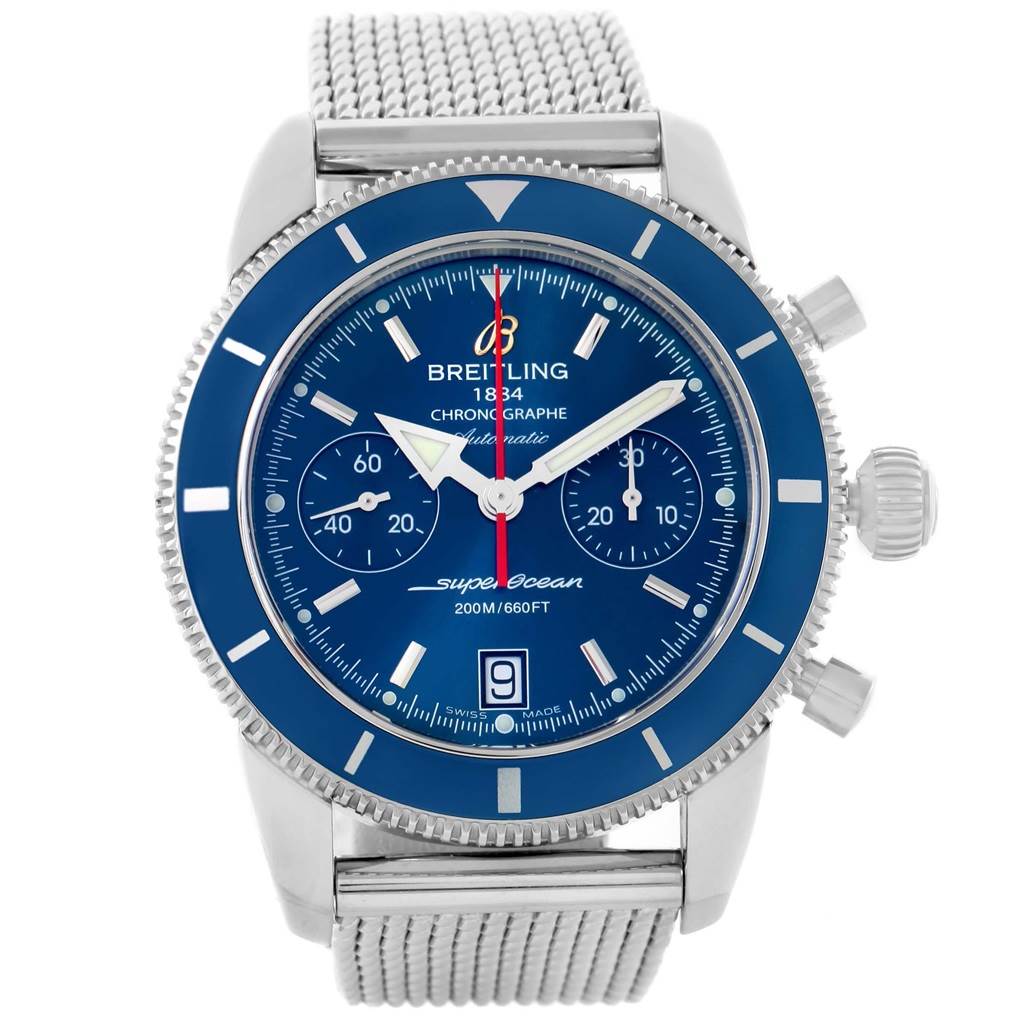 This image shows a frontal view of a Breitling Superocean A23370 Men
s Stainless Steel Blue Dial A23370 Men
s Stainless Steel Blue Dial chronograph watch with a blue dial and a metal mesh strap.