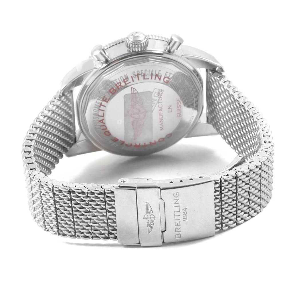 The image shows the back of the Breitling Superocean A23370 Men
s Stainless Steel Blue Dial A23370 Men
s Stainless Steel Blue Dial watch, focusing on the case back, crown, and mesh bracelet with a clasp.