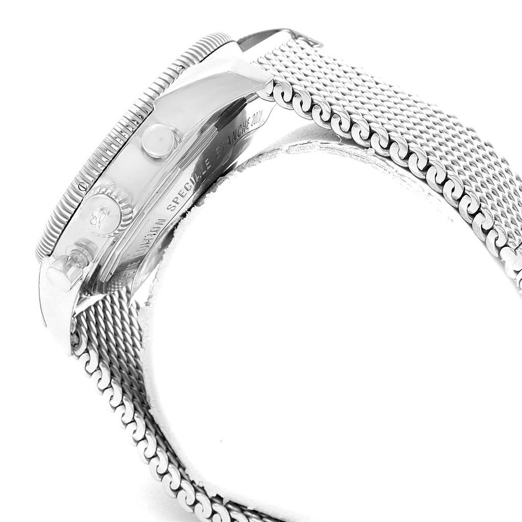 The image shows a side view of the Breitling Superocean A23370 Men
s Stainless Steel Blue Dial A23370 Men
s Stainless Steel Blue Dial watch emphasizing the bezel, crown, and mesh strap.