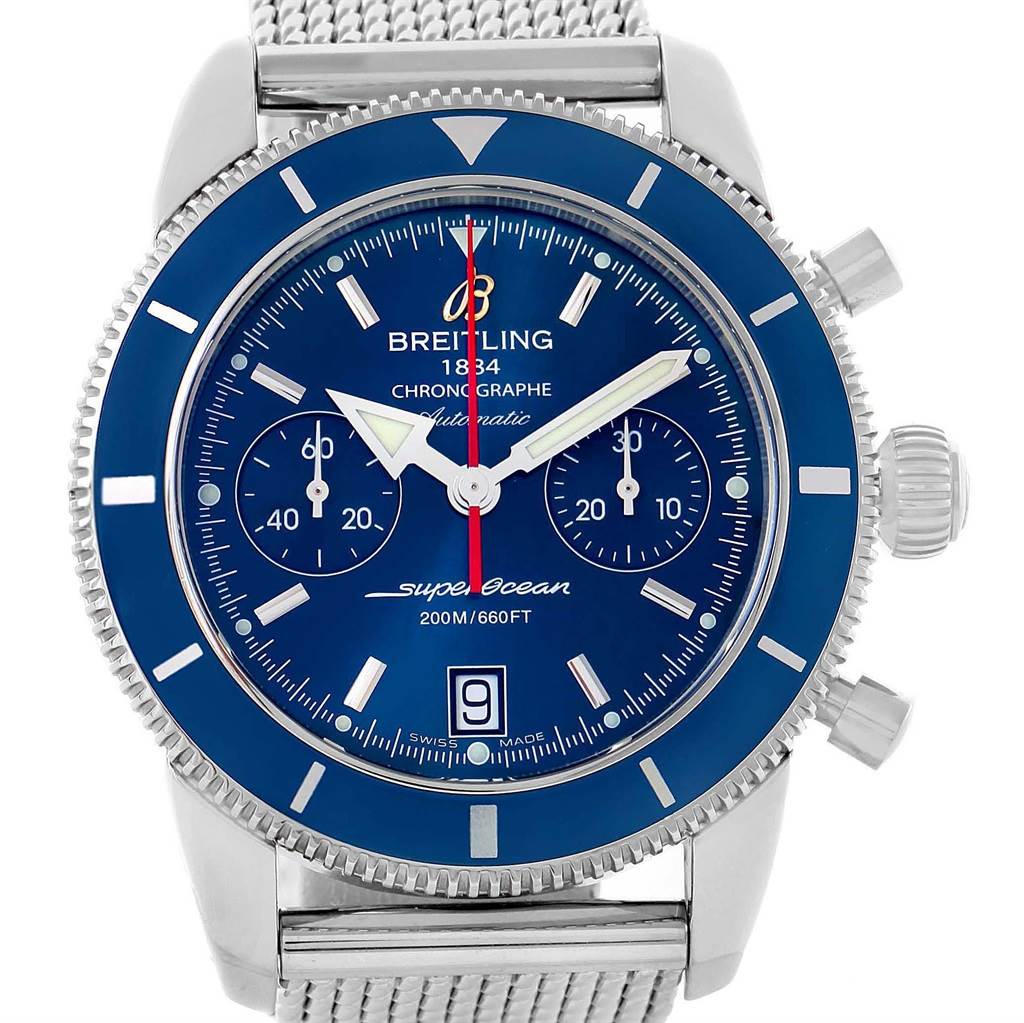 The image shows a front view of a Breitling Superocean A23370 Men
s Stainless Steel Blue Dial A23370 Men
s Stainless Steel Blue Dial watch, highlighting the blue dial, bezel, and stainless steel mesh band.