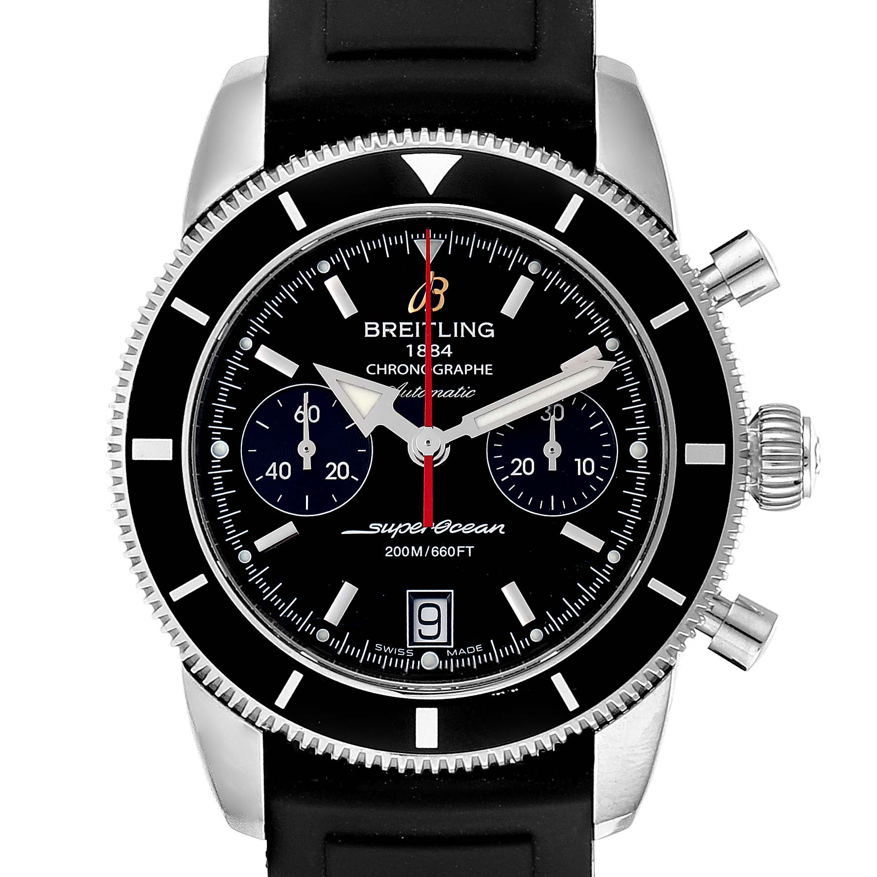 The image shows a front view of a Breitling Superocean A23370 Men's Stainless Steel Black Dial A23370 Men's Stainless Steel Black Dial watch highlighting its black dial, rotating bezel, chronograph subdials, and date display.