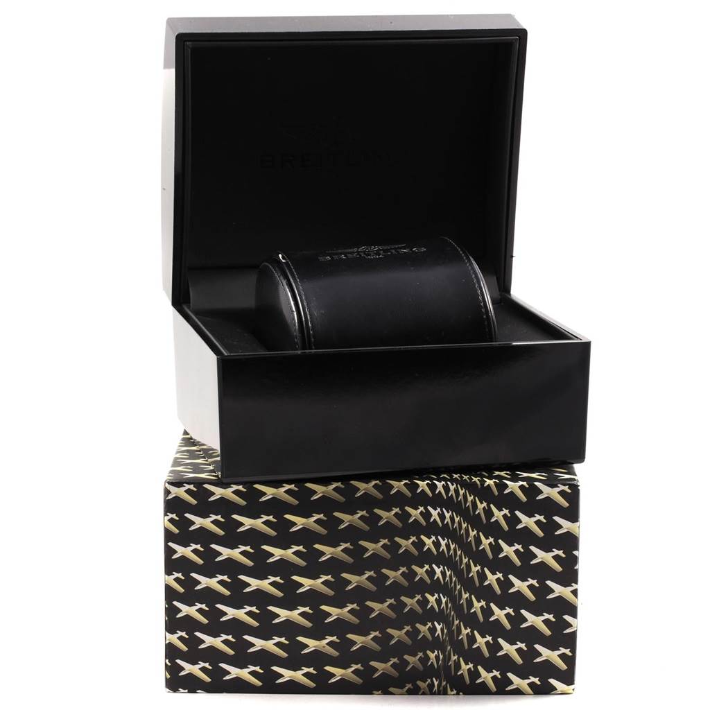 The image shows the packaging for a Breitling Superocean A23370 Men's Stainless Steel Black Dial A23370 Men's Stainless Steel Black Dial watch with the box opened to reveal the watch case inside.