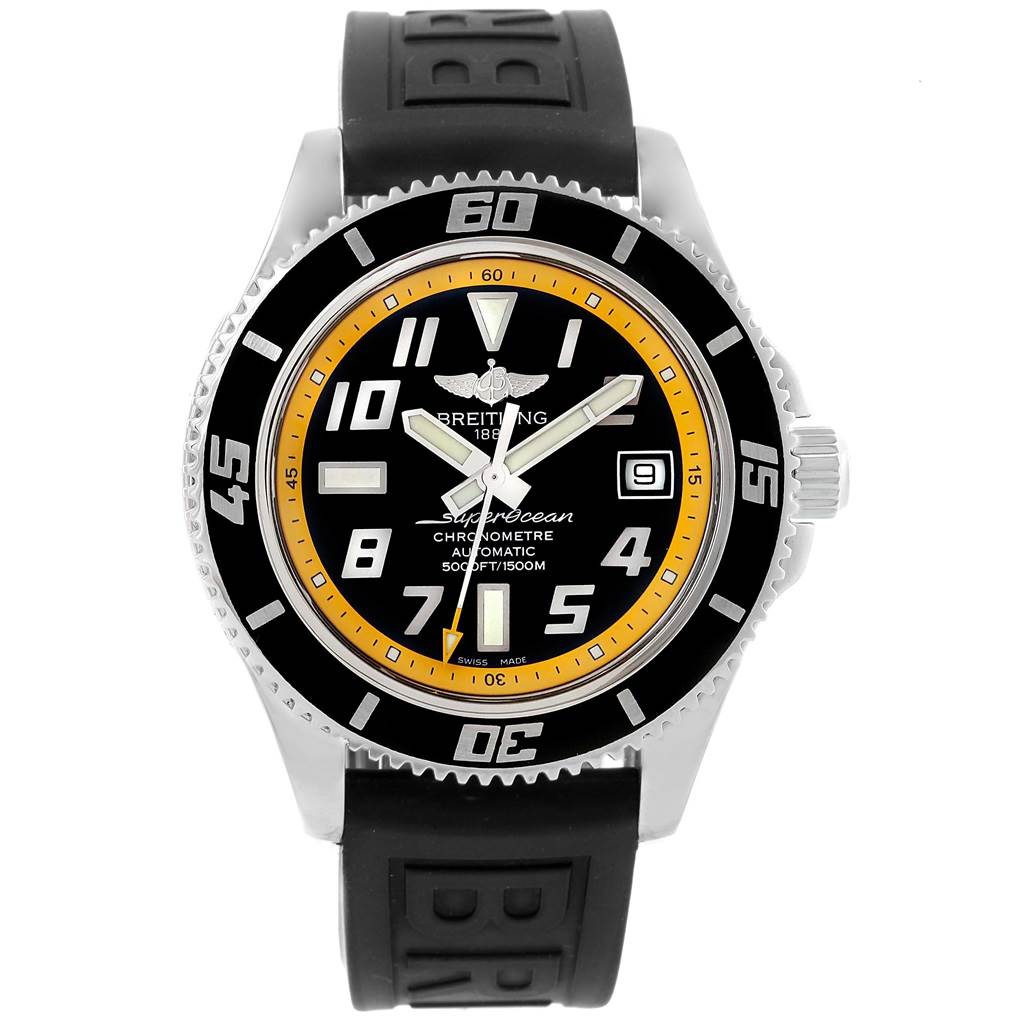 The image shows a front view of a Breitling Superocean A17364 Men
s Stainless Steel Black Dial A17364 Men
s Stainless Steel Black Dial watch, featuring a black dial, yellow and black bezel, and a rubber strap.