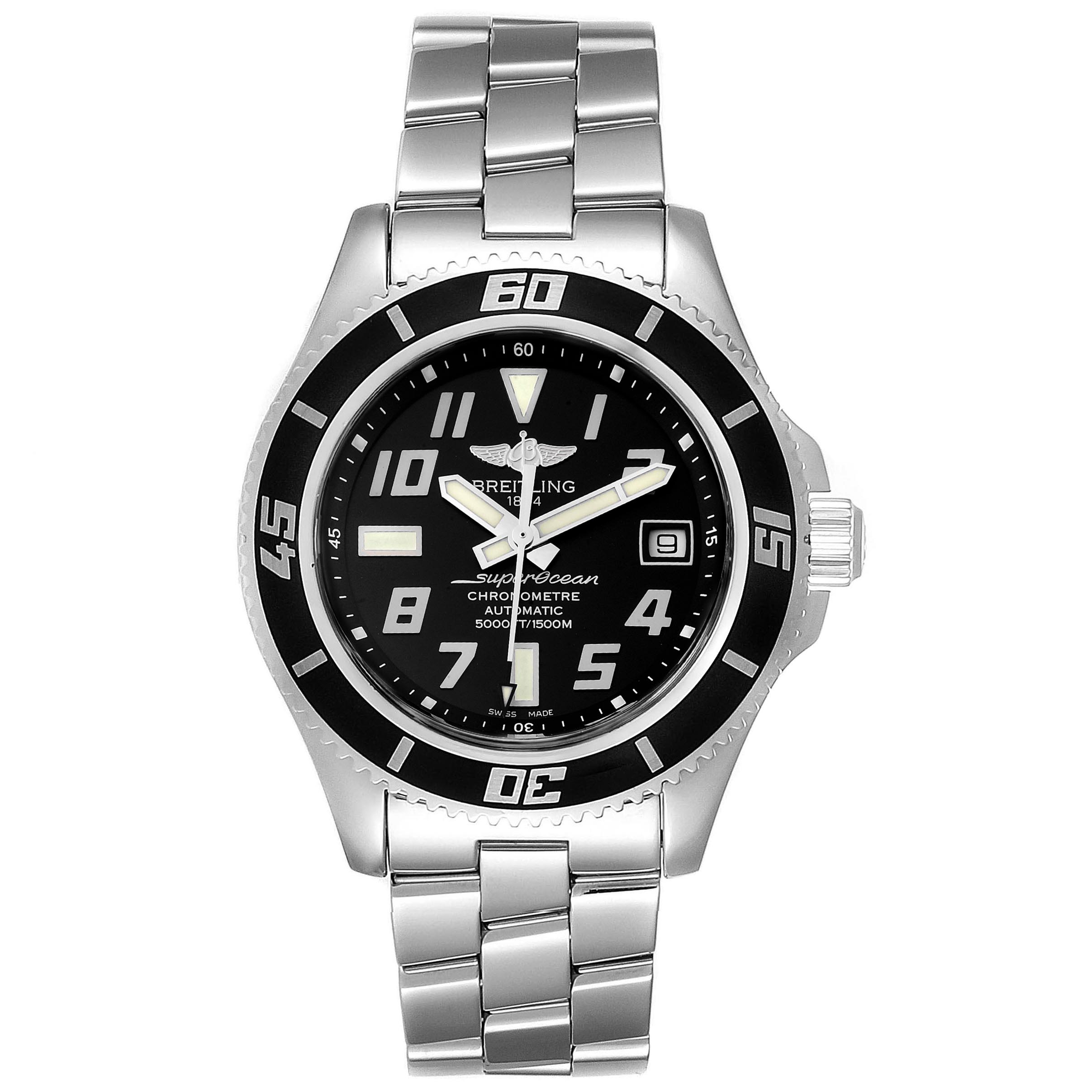 The Breitling Superocean A17364 Men's Stainless Steel Black Dial A17364 Men's Stainless Steel Black Dial watch is shown from a front angle, displaying its face, bezel, and metal bracelet.